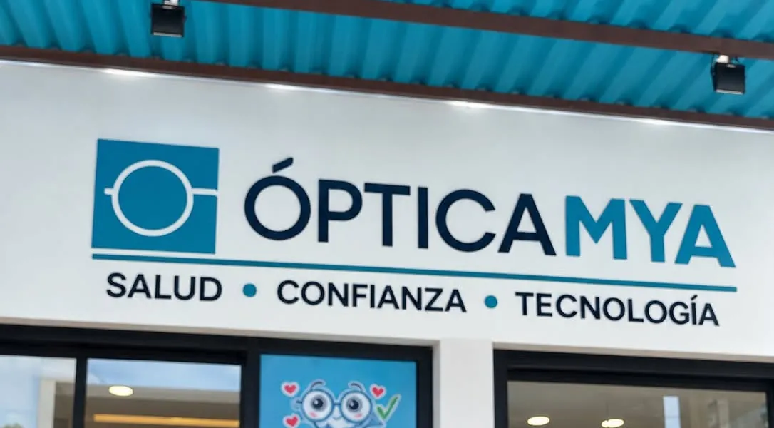 Fachada de Óptica MYA con su letrero: Salud, Confianza, Tecnología