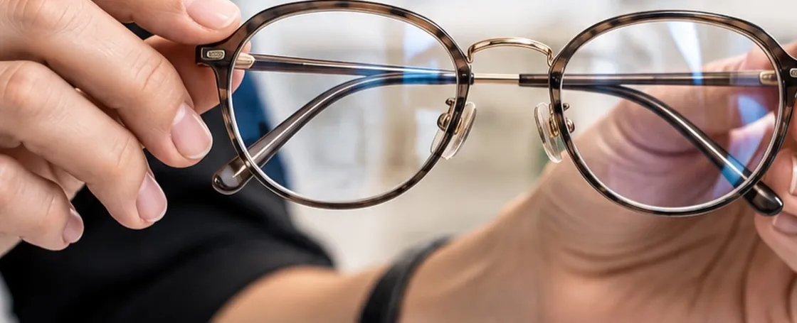 Manos sosteniendo unos lentes de armazón carey en la tienda